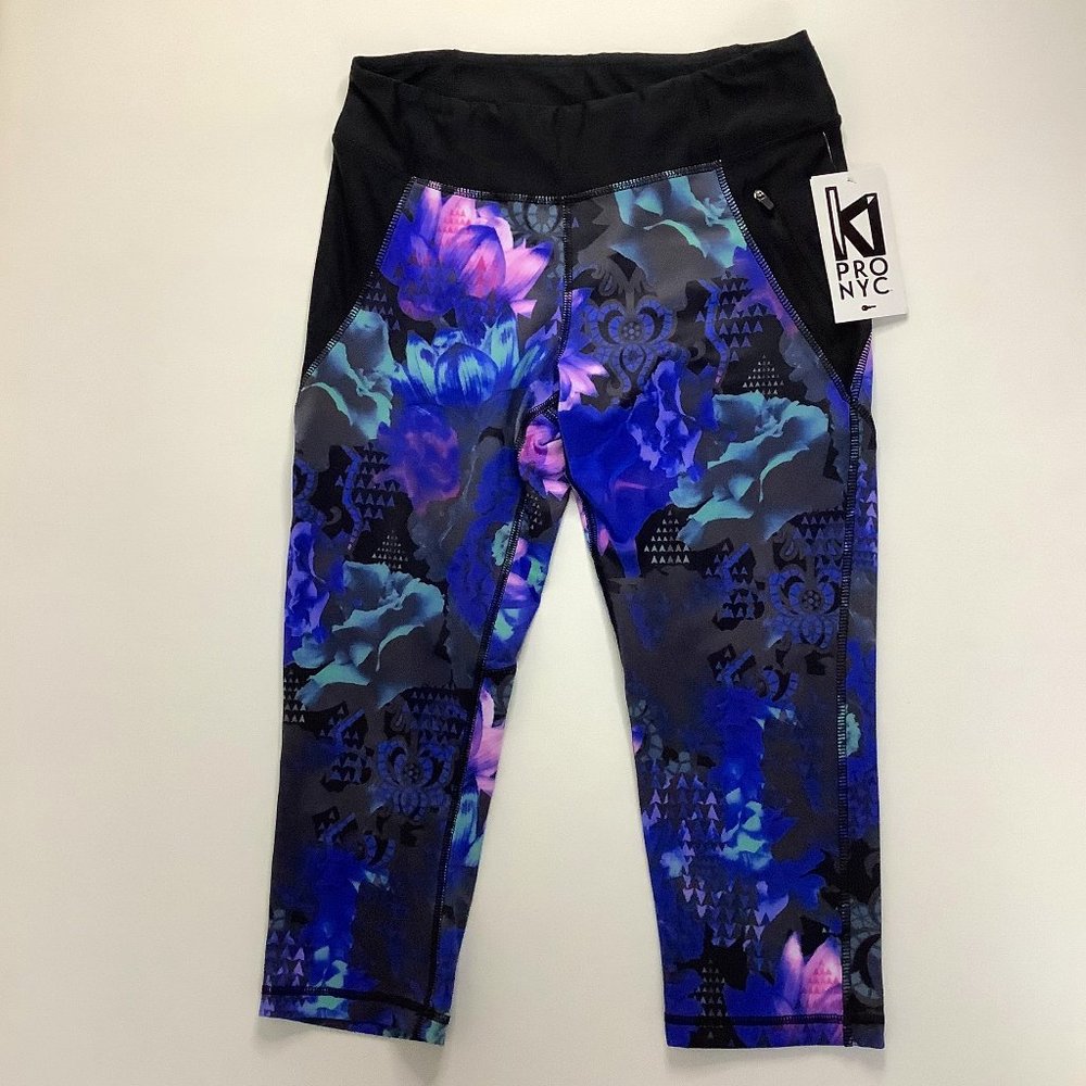 KI PRO NYC Blue Floral/Black Yoga Tight Capri